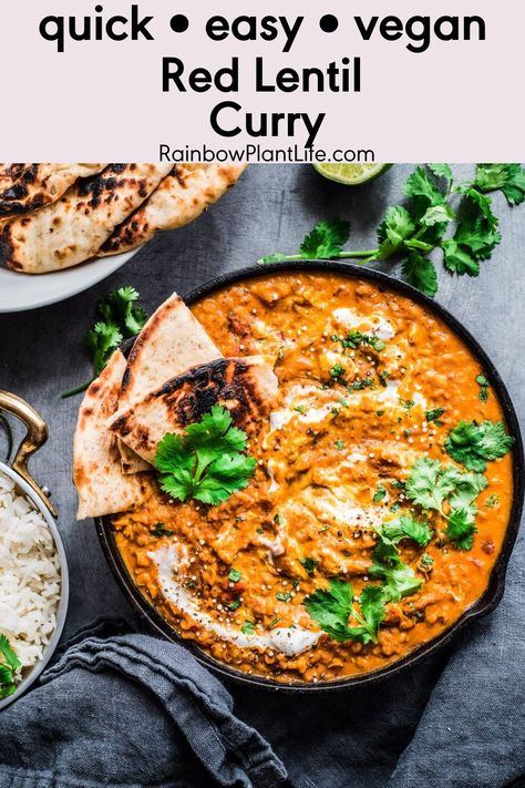 This Vegan Red Lentil Curry is a fan favorite and the BEST lentil curry you will ever try! It’s easy and quick, making it a perfect weeknight dinner! Red Lentil Curry, Coconut Lentil Curry, Curry Easy, Red Split Lentils, Lentil Curry Recipes, Lentils Recipe, Creamy Curry, Easy Curry, Vegan Curry