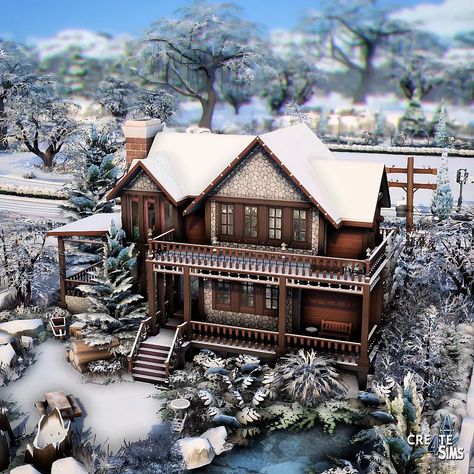 Sims 4 Cabin Floor Plans, Bloxburg Winter Cabins, Bloxburg Winter Cabin Layout, Winter Cabin Floor Plans, Sims 4 Christmas Build, Sims Cabin House, Sims Winter House, Sims 4 Wooden House, Winter House Layout