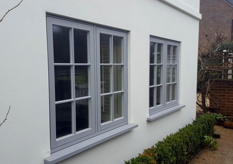 Light Grey Upvc Windows, Grey Sash Windows, Light Grey Windows Exterior, Light Grey Windows, Grey Window Frames, Exterior Windows, Window Manufacturers, Grey Windows, Bungalow Exterior