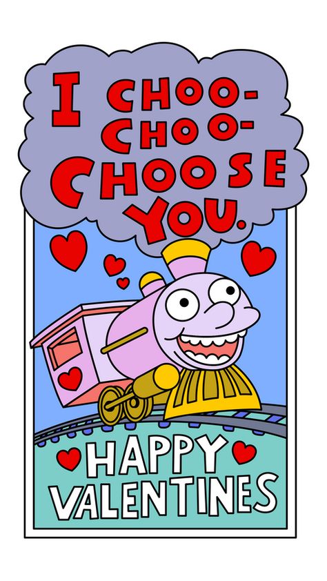 Look at this incredibly cute card on which the train wishes you a good Valentine's Day and says that Choo-Choo-Choose you! The Simpsons sticker with Valentine's Day Card!. Simpsons Party, Valentine Cartoon, Valentines Day Cartoons, Valentine's Day Illustration, Valentines Illustration, Cute Couple Halloween Costumes, The Simpson, Cute Card, Love Stickers