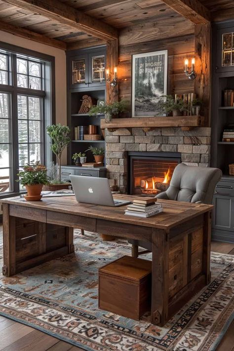 17 Chic Office Decor Ideas That Will Make You Love Working From Home Fireplace Office Ideas, Home Decor Office Ideas, Office With A Fireplace, Country Style Office Ideas, Cozy House Office, Home Office With Fireplace Ideas, Woodsy Office Ideas, Man’s Small Home Office, Office With Fireplace Ideas