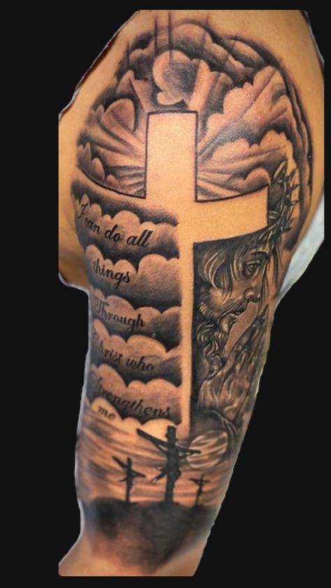 Arm Tats For Guys, Tattoo Designs Men Cross, Left Arm Tattoo Men Half Sleeve, Half Shoulder Tattoo Men, Family Tattoos For Men Arm Half Sleeves, God Tattoos Men, Shoulder Tattoo Designs Men, Religious Tattoos Men, Christian Leg Tattoo Men