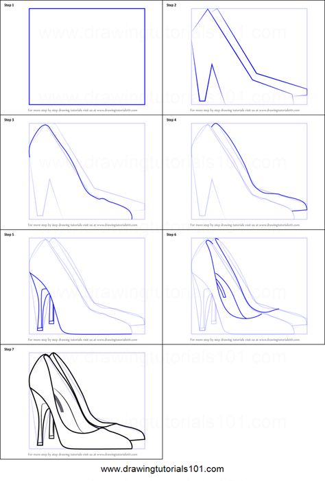 How to Draw High Heeled Shoe printable step by step drawing sheet : DrawingTutorials101.com How To Draw Heels Step By Step, Shoe Sketch Tutorial, How To Draw A Heel, Shoes Drawing Step By Step, High Heel Drawing Sketches, How To Draw High Heels, Shoes Drawing High Heel, How To Draw Accessories, Heels Drawing Sketches