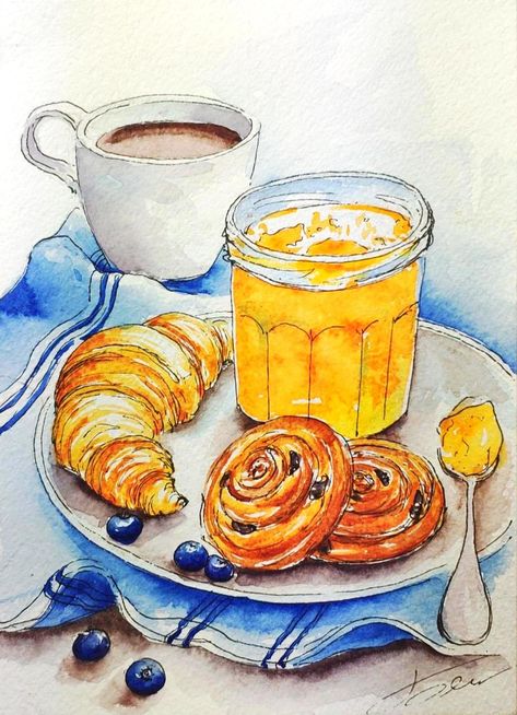 Food Art Painting Illustration, Food Drawing Watercolor, Food Canvas Art, Drawings Of Food Sketches, Watercolor Food Paintings, Food Painting Watercolor, Food Sketch Illustration, Painting Of Food, Watercolor Art Food