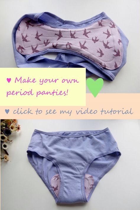 Convert your underwear into absorbent, leak-proof period panties!  Watch this instructional YouTube video to find out how.  ♥ Diy Menstrual Panty, How To Make Pads For Period, Reusable Period Products, Period Panties Diy, Diy Incontinence Pads Free Pattern, Diy Pads Period, Diy Period Panties, Cloth Menstrual Pads Diy, Diy Cloth Pads