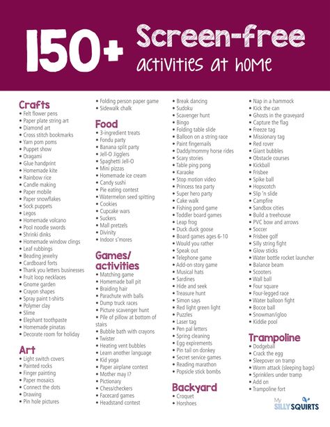 150+ screen-free activities for kids at home | My Silly Squirts At Home Family Night Ideas, Free Activities For Preschoolers, What To Do In Free Time At Home, Fun Date Activities, Family Fun Night Ideas At Home, Aunt Activities, At Home Family Activities, Activities For Kids At Home, Family Night Activities