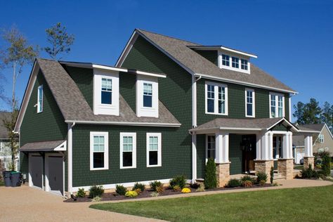 Green House With White Trim, Green House Siding, Dark Green House, Green Siding House, House With White Trim, Green Vinyl Siding, Green House Color, Vinyl Siding House, Siding House