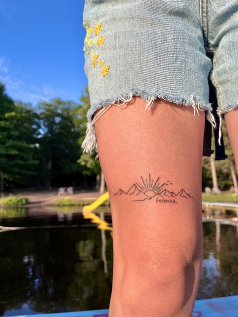 First Tattoo Ideas For Women Thigh, He Moves Mountains Tattoo, Unique Mountain Tattoos For Women, Kentucky Tattoos For Women, Couple Tattoos Nature, Country Roads Tattoo, Wyoming Tattoo Ideas, Outdoor Tattoo For Women, Womens Western Tattoos