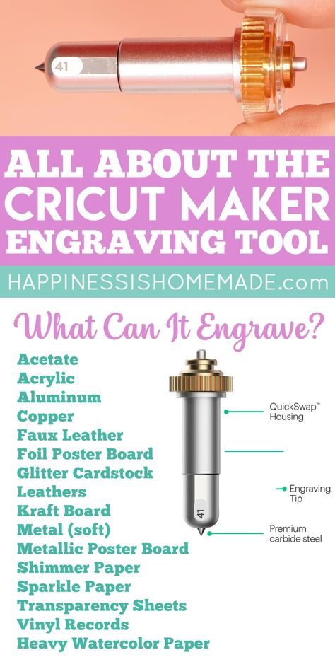 Learn all about the Cricut Engraving Tool Tip and engrave with your Cricut Maker machine! The Cricut Engraving Tip can engrave soft metals, acrylic, leather, paper, and plastic to add a variety of project options to your crafting arsenal! Cricut Maker Jewelry Projects, Engrave Leather With Cricut, Cricut Metal Projects, Cricut Engraving Projects, Cricut Engraving Tool, Engraving Acrylic, Cricut Tools, Circuit Maker, Cricut Blades