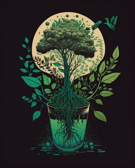 The power of plants is an often overlooked but undeniably important force in nature. Our ecosystem relies on them for air, food, and medicine, and without them, we would not survive. Enjoy this design as a tribute to the amazing superpowers of plants! #plans #tshirt #eco Plant Medicine Art, Digital Plant Art, Nature Aesthetic Illustration, Power Of Nature Art, Trippy Plant Art, Nature Illustration Art Graphic Design, Ecosystem Aesthetic, Eco Drawing, Ecosystem Drawing