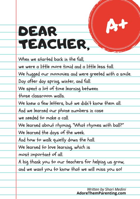 Here is a free printable teacher poem to show your kids' teachers appreciation for all that they do! It makes a perfect end of year teacher gift from kids - especially for preschool and kindergarten teachers. Thank you from us parents and your students! Poem For A Teacher From A Student, Best Message For Teachers Day, A Letter For Teacher, Teacher's Day Poem In English, Best Letter For Teachers, Poems For Your Teacher, Letters For Your Teacher, What To Write To A Teacher, Teacher Message To Students End Of Year