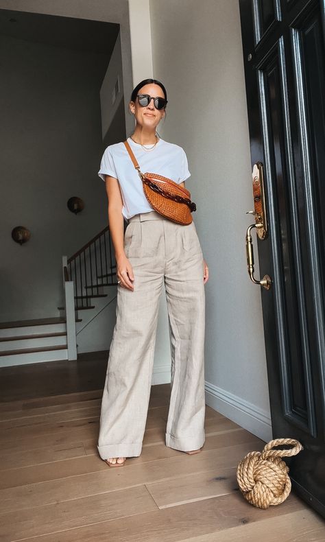 Linen Pant Summer Outfit, Linen Pants T Shirt Outfit, Linen Wide Pants Outfit, Linen Tailored Pants, Tailored Linen Pants Outfit, Wide Leg Tailored Pants Outfit, Black Wide Leg Linen Pants Outfit, Summer Linen Pants Outfit, Tshirt And Trousers Outfit Women