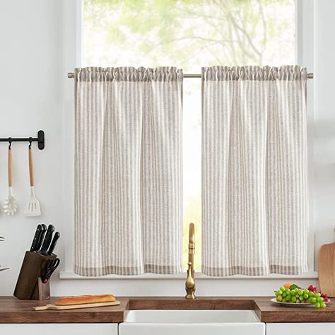 Basement Window Coverings, Farmhouse Curtain Rods, Ticking Stripe Curtains, Half Window Curtains, Rustic Curtain Rods, Cafe Curtain Rods, Small Curtains, Small Window Curtains, Bathroom Farmhouse