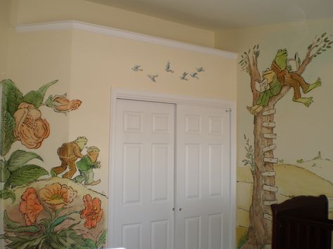 Frog and Toad http://www.birdstudio.com Storybook Theme Nursery, Frog And Toad Nursery, Princess And The Frog Nursery, Frog And Toad Bedroom, Frog Themed Nursery, Frog And Toad Nursery Theme, Storybook Mural, White Themed Bedroom, Frog Nursery Theme