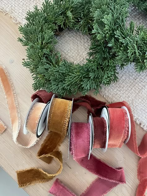 Hobby Lobby Mini Wreath + Velvet Ribbon DIY - amanda hamman - let's make something pretty! Christmas Garland With Velvet Ribbon, Wall Of Wreaths, Wreath With Ribbons Hanging Down, Velvet Ribbon Bow Tutorial, How To Tie A Velvet Bow For A Wreath, Decorating With Bows For Christmas, Velvet Ribbon On Wreath, Velvet Ribbon Crafts, Christmas Wreath Velvet Ribbon