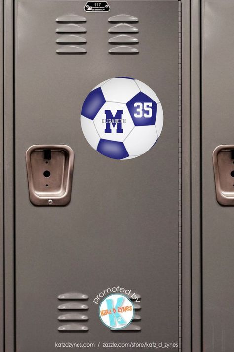 ad: Cool soccer themed locker or car magnet with custom blue & white team colors, upon which you can customize the player's name & jersey number plus varsity letter or monogram #soccer #magnet #lockermagnet #carmagnet #personalized #sports #teamspirit #giftideas #teamgifts #sportsteamgiftsunder10 Soccer Locker Decorations, Decorate Locker For Sports, Cheer Locker Magnets, Tournament Door Signs Soccer, Locker Magnets Sports, Soccer Locker, Sports Party Favors, Soccer Team Gifts, Blaze And The Monster Machines Party