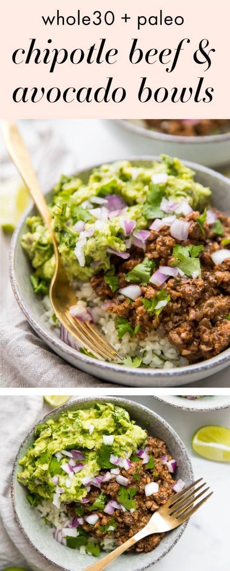 These Whole30 chipotle beef & avocado bowls are one of our favorite Whole30 Mexican recipes, loaded with veggies, protein, and healthy fats. Cilantro lime cauliflower rice topped with a saucy, smoky beef & mushroom mixture, all finished with tons of a quick guac, these Whole30 chipotle beef & avocado bowls are bound to be one of your family's favorite Whole30 Mexican recipes, too! Beef And Mushroom Recipe, Ground Beef Paleo Recipes, Lime Cauliflower Rice, Chipotle Beef, Beef Mushroom, Cilantro Lime Cauliflower Rice, Whole30 Diet, Avocado Bowl, Diner Recept