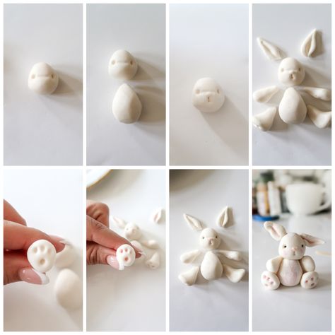 How To Make A Bunny Out Of Clay, How To Make A Fondant Bunny, Fondant Easter Bunny, Bunny Fondant Cake, Diy Clay Bunny, Bunny Rabbit Birthday Cake, How To Make Bunny, Bunny Fondant Topper, Fondant Rabbit Cake Topper