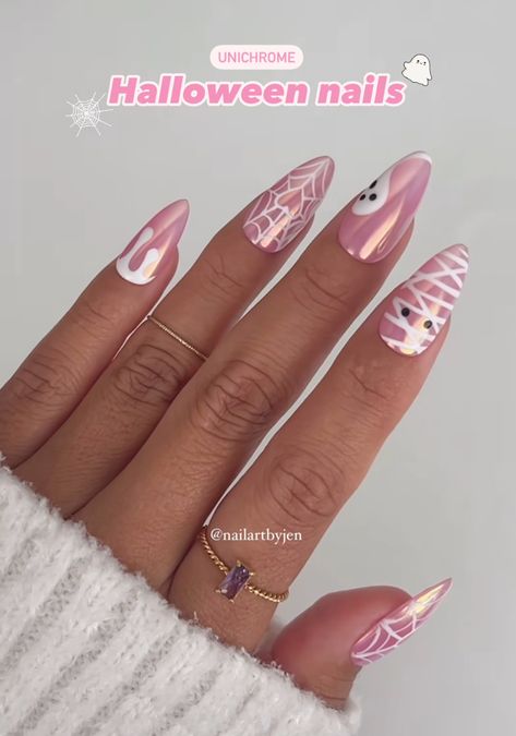 Cute Halloween Nail Designs Almond, Halloween Nail Ideas Almond Shape, Pink Chrome Halloween Nails, Pink Spooky Nails Almond, Pink Halloween Nails Simple, Pastel Ghost Nails, Pink And White Halloween Nails, Halloween Oval Nails, Short Almond Nails Halloween