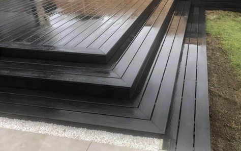 Composite Decking Stairs Ideas, Composite Decking Walkway, Composite Patio Steps, Composite Steps To Concrete Patio, Composite Stairs To Patio, Front Steps Composite Decking, Composite Decking Steps, Composite Decking Colors, Composite Decking Designs