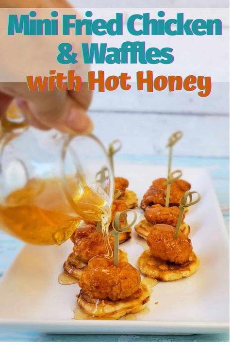 Crispy fried chicken and waffles is an iconic Southern dish served for breakfast, brunch, and supper, typically drizzled with maple syrup or honey. Serve this shortcut mini version of chicken and waffles for game day and as a last minute appetizer for parties with the kick of hot honey! The 3-ingredient recipe starts with chicken nuggets and frozen waffles you already have in your freezer. Chicken And Waffles Appetizer, Mini Chicken And Waffles, Mini Waffle Recipe, Last Minute Appetizer, Fried Chicken Nuggets, Frozen Chicken Nuggets, Chicken Waffles, Fried Chicken And Waffles, Frozen Waffles