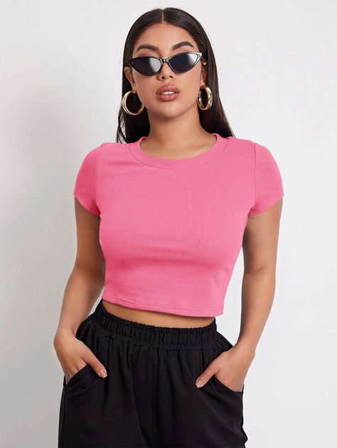 SHEIN Rib-knit Crop Top | SHEIN USA Purple Top Outfit, Crop Top Outfits Summer, Purple Crop Top, T Shirt Crop Top, Rib Knit Top, Top Shein, Summer Crop Tops, Ribbed Knit Top, Crop Top Outfits