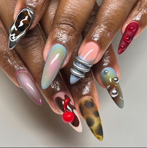 Long Lipstick Nails, Short Maximalist Nails, 90s Nails, Funky Nail Designs, Nail Design Glitter, Girls Nail Designs, Vogue Nails, Junk Nails, Lipstick Nails