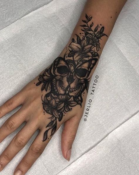 Skull And Flower Hand Tattoo, Rose And Words Tattoo, Hand Tattoos For Women Dark, Skull Cover Up Tattoo Women, Hand Skull Tattoo Women, Female Skull Hand Tattoo, Badass Hand Tattoos For Women, Butterfly Skull Hand Tattoo, Flowers On Hand Tattoo