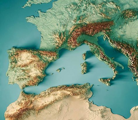 Relief map of south-western Europe World Geography Map, Lost Continent, Cartography Map, Topography Map, Geography Map, World Water, Mountain Ranges, Plate Tectonics, World Geography