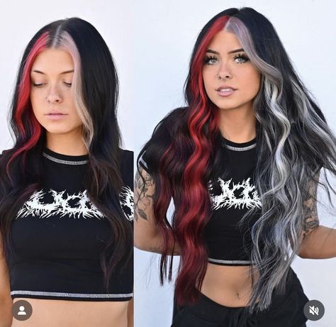 Dyed Hair Split, Aesthetic Hair Styles, Half Colored Hair, Half Dyed Hair, Color Block Hair, Black Red Hair, Split Dyed Hair, Red Blonde Hair, Red Balayage