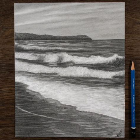 Beach Pencil Sketch, Beach Pencil Drawings, Sea Sketch Pencil, Sea Sketch, Waves Sketch, Beach Sketches, Sea Drawing, Beach Drawing, Beach Things