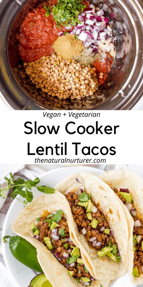 These vegan slow cooker lentil tacos are a super easy dinner! Flavorful, family-friendly, and beloved by all kinds of eaters, this is the perfect healthy dinner recipe to make over and over. #plantbased #Vegan #healthytacos # lentilrecipe #slowcooker #crockpot Vegan Slow Cooker Recipes, Vegan Crockpot, Lentil Tacos, Slow Cooker Lentils, Vegan Slow Cooker, Vegetarian Crockpot Recipes, Super Easy Dinner, Healthy Dinner Recipe, Vegetarian Crockpot