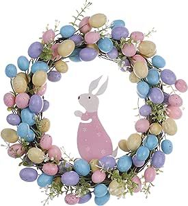 Easter Wreaths For Front Door, Easter Front Door, Eggs For Easter, Easter Door Wreaths, Egg Wreath, Colorful Wreath, Easter Egg Wreath, Wooden Rabbit, Easter Door