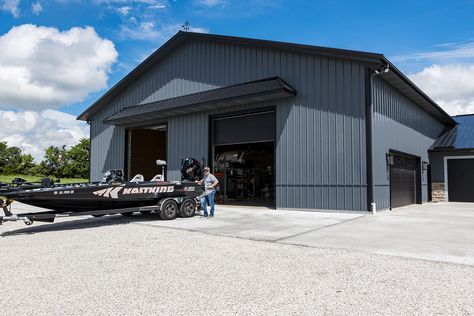 Morton Buildings hobby garage in Shawnee, KS. 50x60 Shop, Rv Barn With Shop, Pole Barn Shop Contemporary, Pole Barn Mechanic Shop, Pole Barn Shop 30x60, Pole Barn Shop, Pole Barn Garage Doors Long Panel, Red Barn House, Hobby Garage