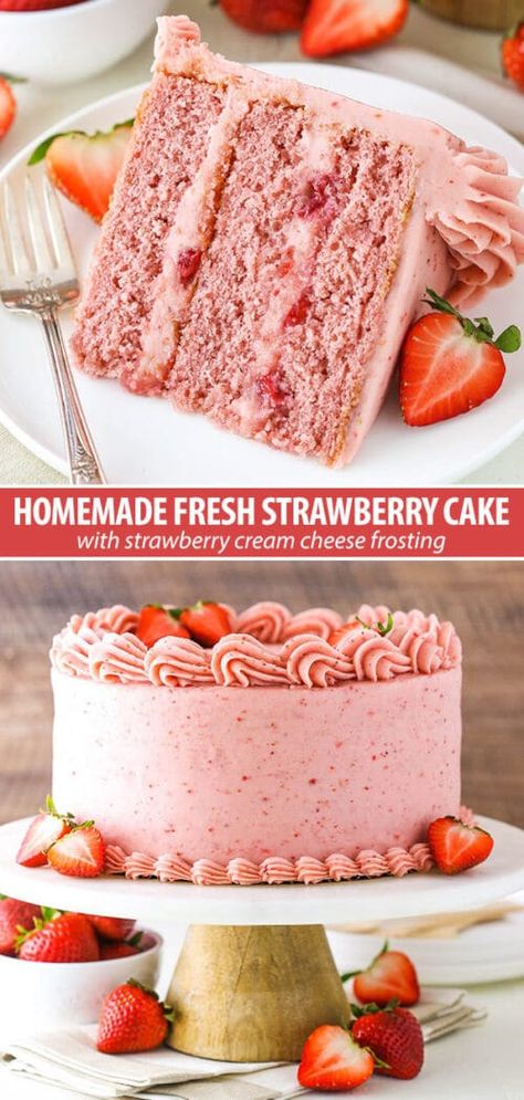 King Arthur Strawberry Cake, Strawberry Cake Recipe Cream Cheese Frosting, Strawberry Cake With Strawberry Cream Cheese Frosting, Homemade Strawberry Cake With Fresh Strawberries, Southern Living Strawberry Cake, Homemade Strawberry Cake With Cream Cheese Icing, Strawberry Milk Cake Recipe, Mini Foil Pan Cakes, Diy Strawberry Birthday Cake