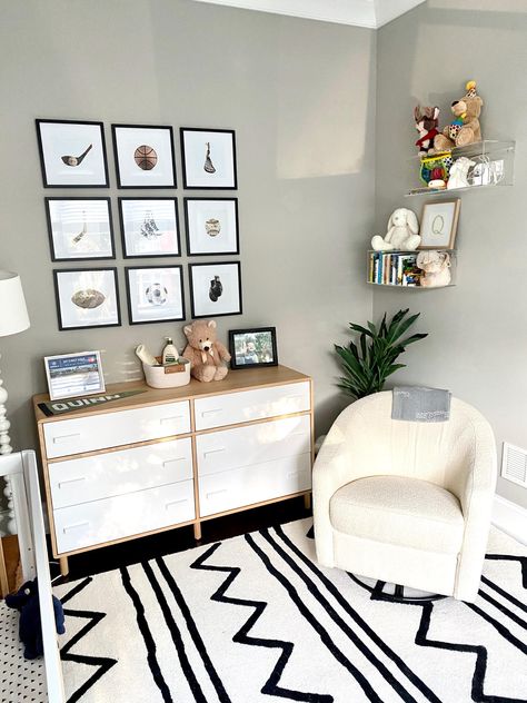 Quinn's "Big Boy Room" — Scene + Styled Sport Nursery Theme, Sports Themed Playroom, Toddler Boy Sports Bedroom, Neutral Sports Nursery, Toddler Room Themes Boy, Black And White Toddler Room Boy, Toddler Boy Neutral Bedroom, Baby Boy Nursery Sports Theme, Sports Themed Nursery For Boys