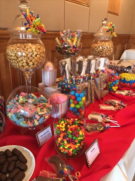 This is a first Birthday colorful candy table we made at Don Pepe Steakhouse in Pine Brook, NJ Candy Buffet Ideas Birthday, Birthday Party Candy Table, Birthday Candy Table, Diy Dessert Table, Candy Table Decorations, Budget Desserts, Candy Bar Birthday, Party Sweets, Candy Birthday Party