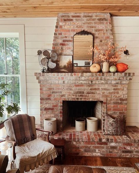 Ranch House Fireplace, Family Room With Brick Fireplace, Brick Herringbone Fireplace, Door Next To Fireplace, Cottage Stone Fireplace, Red Brick Fireplace Mantle, Brick Fireplace With Wood Mantle, Real Fireplace Ideas, Cottage Style Fireplace