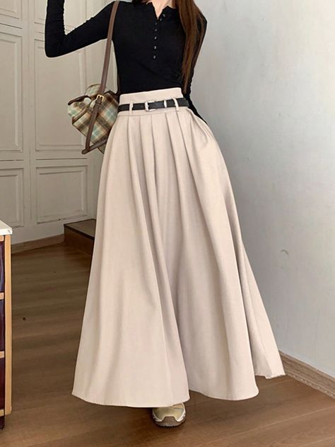 Khaki Casual Collar  Woven Fabric Plain Flared Embellished Non-Stretch  Women Clothing Maxi Skirt Pleated, Long Khaki Skirt Outfit, Cute Long Skirts, Long Skirt Girly, Jupe Outfit, Khaki Clothes, Long Skirts Outfit, Simple Long Skirt, Outfit Long Skirt