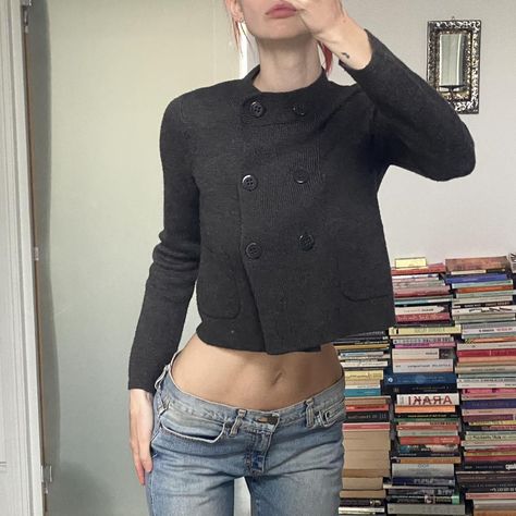 Vintage h&m double breasted cropped cardigan - Depop Grey Cardigan, H&m Women, Cropped Cardigan, Skirt Leather, Sweater Skirt, Sweatshirt Shirt, Jean Shirts, Double Breasted, Casual Skirts