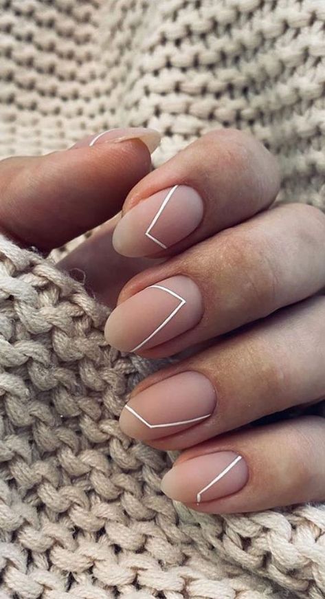 Easy abstract white line nude nails, abstract nails, simple abstract nails, white tin line nude nails, nude nail art designs, short nail idea Minimal Matte Nails, Minimalist Abstract Nail Art, Matte Minimalist Nails, Short Nail Designs Minimal White, Nude Nails Minimalist Design, Line Art Nails Simple, Minimalist Nails Lines, Abstract Minimalist Nails, Minimalist Short Nail Design