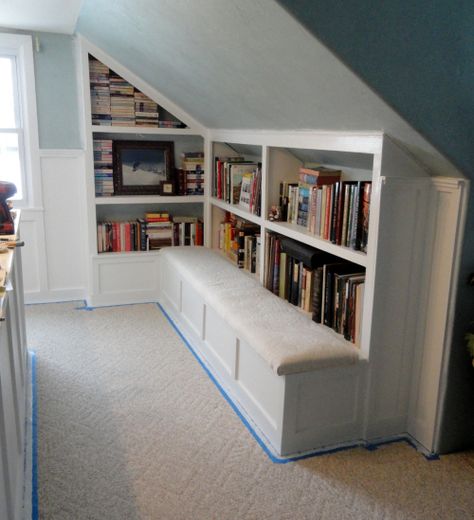 OMG!!!!!!!!! This would be perfect in our finished attic! The walls slope like this and I've been stumped... LIGHTBULB! :) Attic Room Ideas, Attic Office, Slanted Walls, Finished Attic, Attic Playroom, Attic Loft, Slanted Ceiling, Small Attic, Attic Bathroom