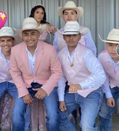 Pink Vaquero Outfit Men, Blush Pink Chambelan Outfits, Quinceanera Guys Outfits, Chambelans Suits Pink, Pink And White Chambelan Outfits, Western Chambelanes Outfits, Purple Chambelan Outfits Vaquero, Dama Suprise Dance Outfits, Pink Quince Suprise Outfit