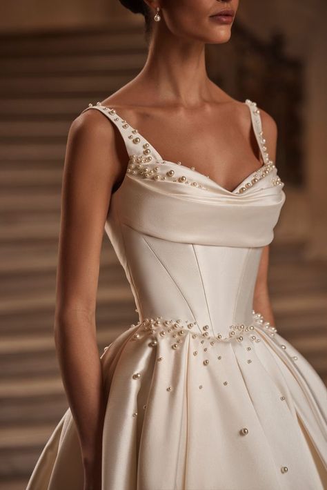 Alaia - Wedding Dress | Milla Nova Milla Nova Mini Dress, Old Money Pearls Aesthetic, Classy Ball Gown Wedding Dress, Pearl Satin Wedding Dress, Old Money Ball Gowns, Old Hollywood Glamour Wedding Dress, Old Money Aesthetic Wedding Dress, Old Money Wedding Dress Aesthetic, Wedding Dress Coquette