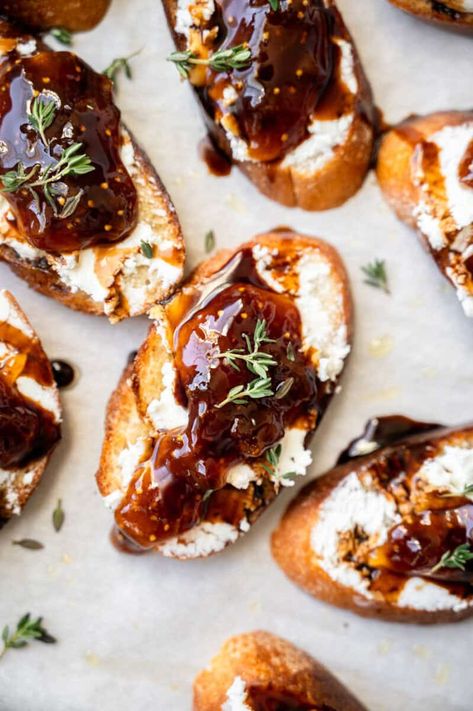 The Best Goat Cheese Crostini Appetizer Recipe - Tasting With Tina Easy Goat Cheese Appetizer With Fig Jam, Baked Crostini Appetizers, Crostini Appetizers Fig Jam, Fig And Blue Cheese Bruschetta, Fig Bacon Goat Cheese Crostini, Caramelized Onion Crostini, Crostini Appetizers Goat Cheese Fig Jam, Goat Cheese Balsamic Appetizer, Tiny Toast Appetizers