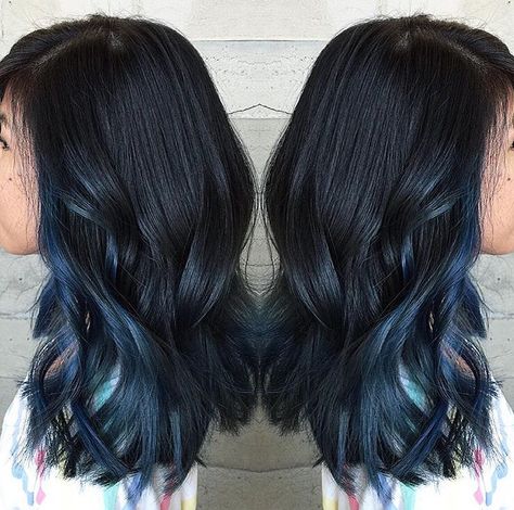 Dark blue peekaboo                                                                                                                                                                                 More Balayage, Blue Peekaboo Hair, Blue Dip Dye Hair, Oil Slick Hair Color, Blue Peekaboo, Blue Hair Streaks, Bday Hair, Oil Slick Hair, Best Ombre Hair