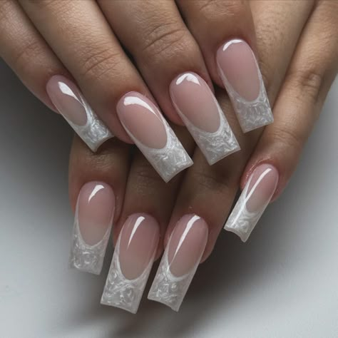 pearl tips 🤍✨🐚 #rgvnails #956nailtech Pearl White French Tip Nails Square, Pearl French Tip Nails Square, White Perle Nails, Pearl White French Tip Nails, Square Pearl Nails, Pearl Square Nails, Pearl Tip Nails, White On White French Tip Nails, Pearl Nails Square