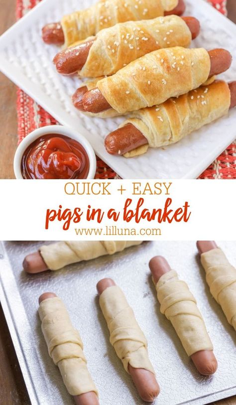 Kids and adults alike will love these quick and simple pigs in a blanket. This nostalgic recipe is on the table in 20 minutes! #pigsinablanket #homemadepigsinablanket #wrappedhotdogs #snacks #lunchidea Pigs In A Blanket Recipe, Corn Dog Muffins, Bbq Pig, Appetizer Sandwiches, Appetizers Easy Finger Food, Crescent Roll Recipes, Hot Dog Recipes, Pigs In A Blanket, Football Food