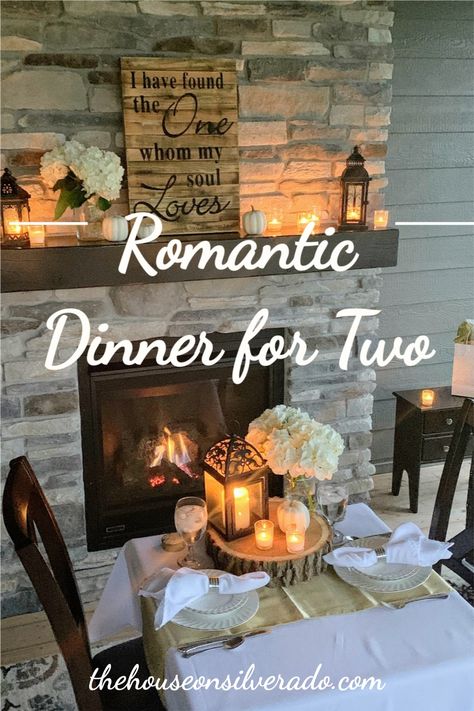 A romantic table for two is easy to pull together using candles, lanterns and flowers. Set up a card table with a pretty white table cloth in an unexpected place, such as in front of the fireplace, or outside. This is the perfect way to celebrate an anniversary, Valentine's Day, or any special occasion. How To Set A Romantic Table For Two, Dinner For Two Table Setting Romantic, Romantic Dinner Decoration For Two Date Nights Table Settings, Romantic Dinner At Home Decorations Table Settings Date Nights, Simple Candle Light Dinner At Home, Romantic Dinner Table Setting For Two At Home, Anniversary Table Decorations At Home, Romantic Table Setting For Two At Home, Date Night Table Setting At Home