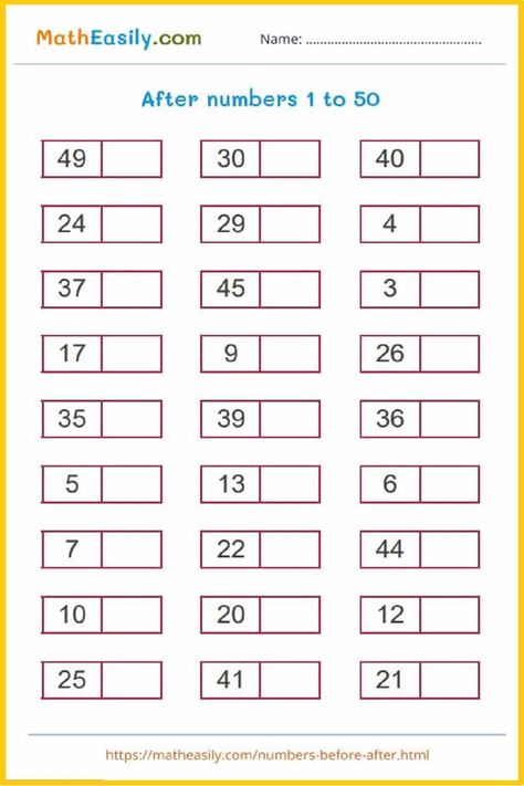 Before and after numbers game online + worksheets 1 To 50 Worksheets, 1class Worksheets Math, Next Number Worksheets, Before And After Numbers Worksheets, After Numbers Worksheet 1-50, After Numbers Worksheet, After And Before Worksheet, Before Number Worksheet, What Comes After Worksheets